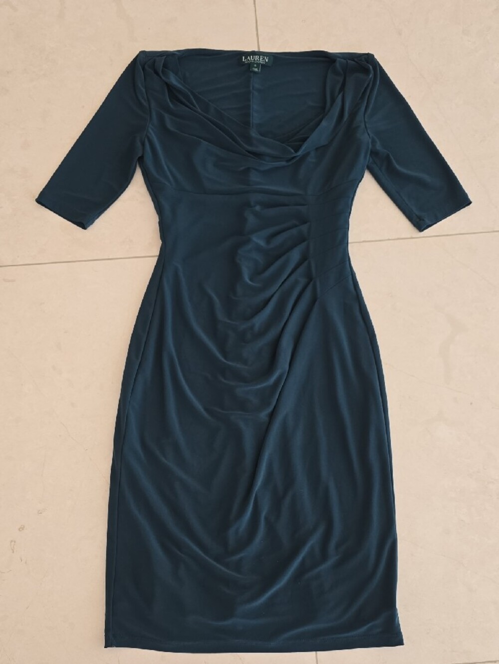 Lauren Ralph Lauren Green Cowl Neck Midi Dress with Side Ruching - Size 0